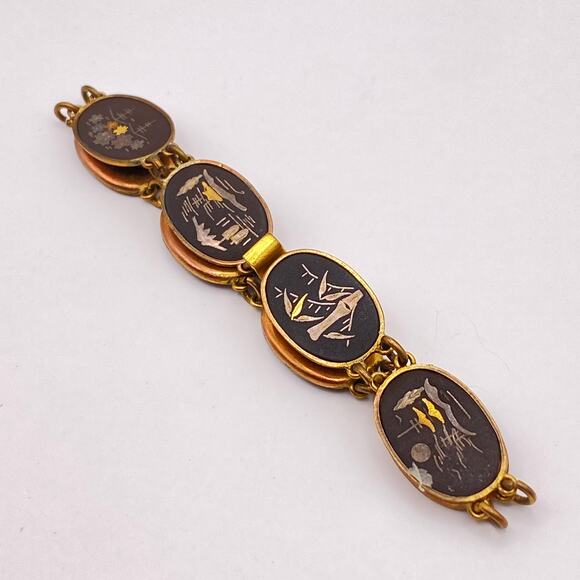Signed JAPAN Bracelet Vge Japanese Damascene Nature Scenes 1950s Black Gold Tone - Picture 3 of 16